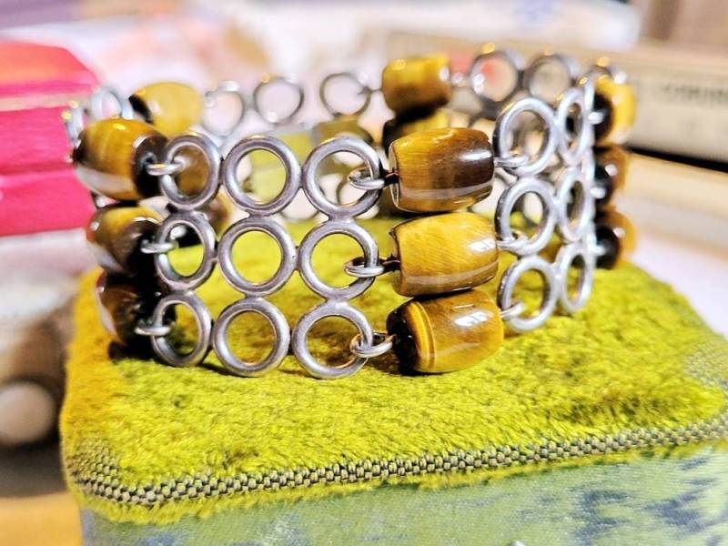 Georg Kramer 925 Silber & Tigerauge Armband Armkette Edelstein Sterling Silver Gemstone 70Er Jahre Design Signiert Flachland von fairytailjewelry