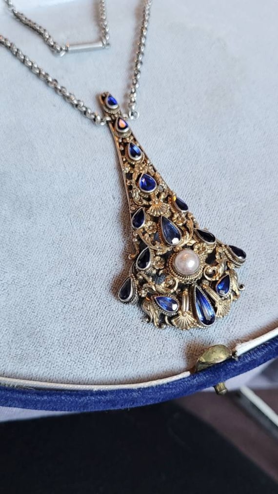 Historismus Silber Collier 1880 Design Necklace Akoya Perle & Paste Steine Cottage Landhaus Viktorian Unikat Kette Violett Blau Historismus Silber Collier 1880 Design Necklace Akoya Perle & Paste Steine Cottage Landhaus Viktorian Unikat Kette Violett Blau von fairytailjewelry