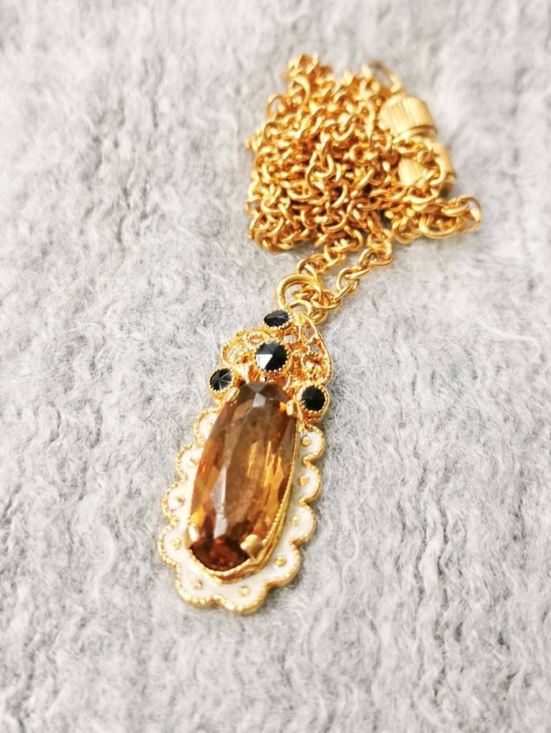 Jugendstil Emaille Collier Golden 50Er Jahre Tropfen Kette Cottage von fairytailjewelry