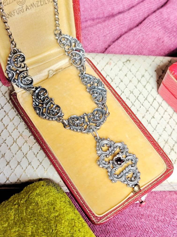 Jugendstil Granat Halskette/ Collier Tracht Facetiert 835 Silber Um 1900 True Vintage German Silver Jewellry Edelstein Dirndl Rot Groth von fairytailjewelry