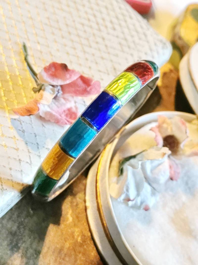 Jugendstil Guilloche Emaille 925 Silber Siam Armreif Armspange True Vintage Enamel Bracelet Bange Siam Bunt Regenbogen Design Unikat von fairytailjewelry