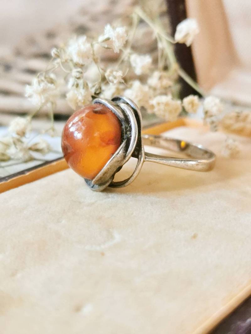 Mid-Century 925 Silber Bernstein Ring Cocktail Honey Amber True Vintage Ring Design Modernist von fairytailjewelry