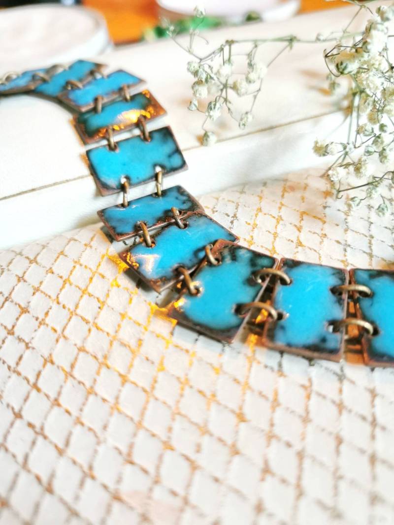 Midcentury Emaille Armband Blau Auf Kupfer Um 1960Er Jahre Design Unikat Glas Copper Enamel Bracelet True Vintage Boho Ethno Modernist von fairytailjewelry
