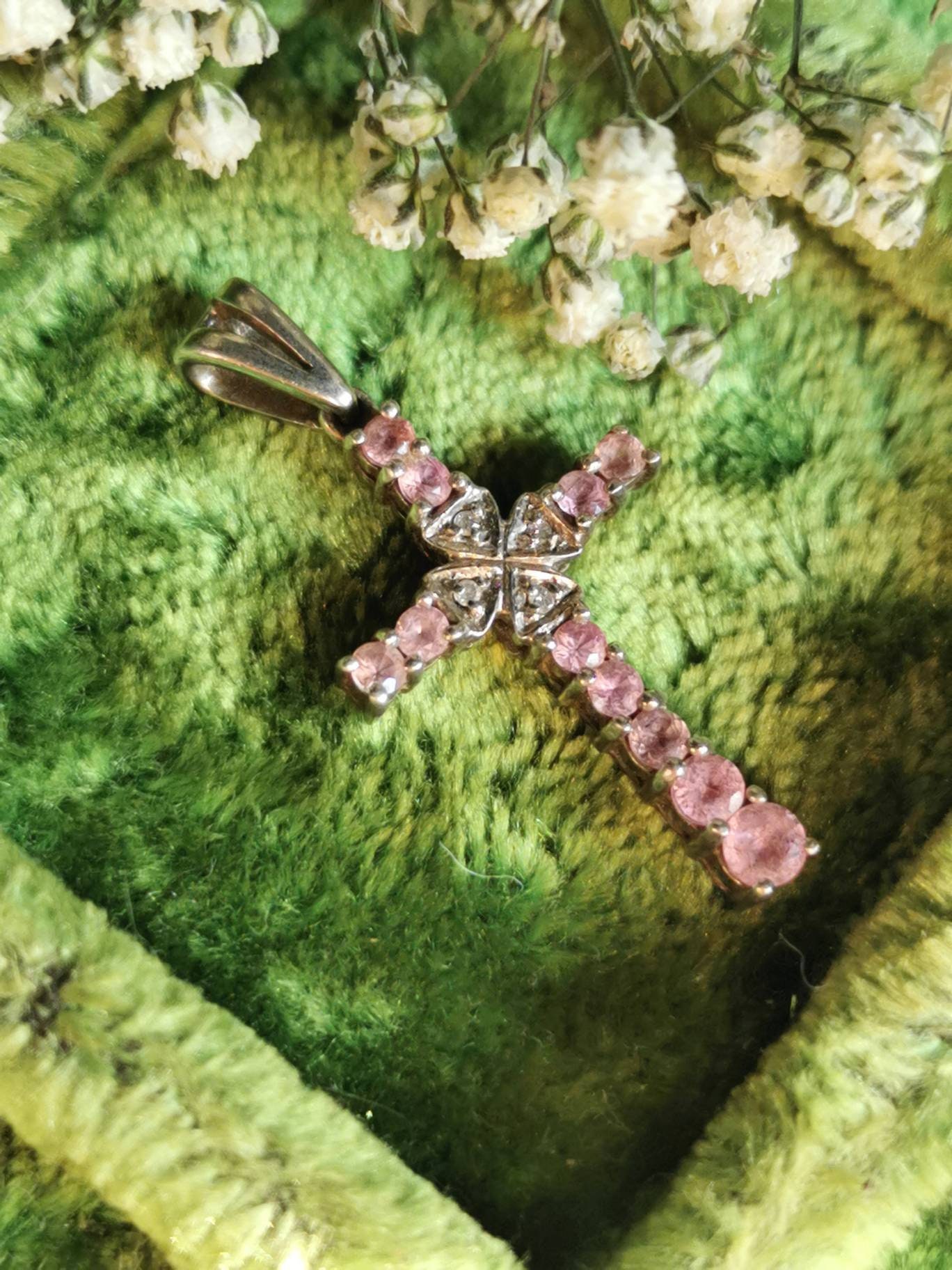 Morganit & Diamant 925 Silber Ketten Anhänger Kreuz in Rosa Vintage Sterling Silver Gemstone Pendant Taufe Geschenk Glaube Liebe Hoffnung von fairytailjewelry