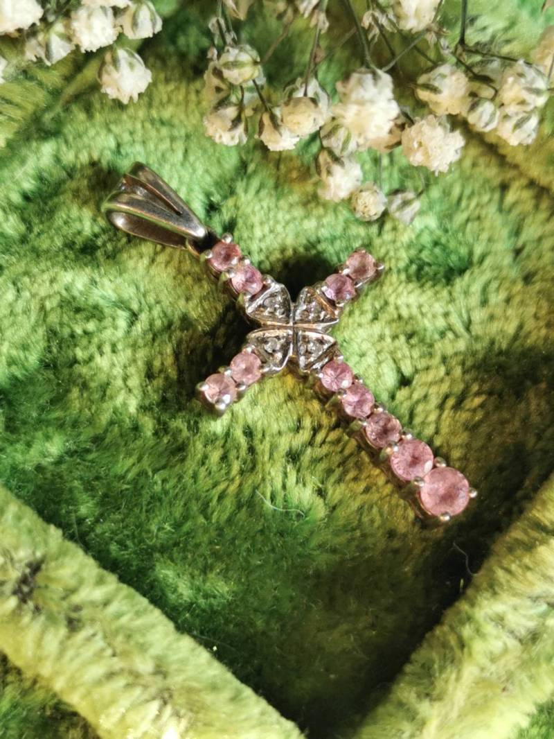 Morganit & Diamant 925 Silber Ketten Anhänger Kreuz in Rosa Vintage Sterling Silver Gemstone Pendant Taufe Geschenk Glaube Liebe Hoffnung von fairytailjewelry