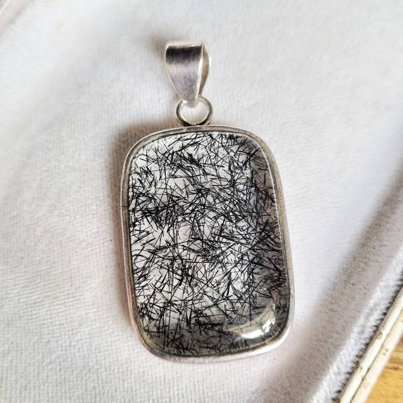 Rutilquarz 925 Silber Ketten Anhänger Xl Sterling Silver Edelstein Turmalin Bergkristall Nature Unikat Geschnek Unisex Design Schwarz Weiß von fairytailjewelry