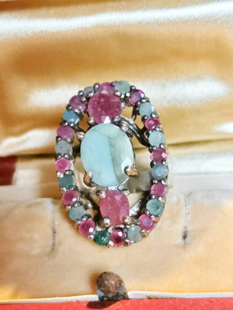 Smaragd & Rubin 925 Silber Ring Aus Indien Um 1970 True Vintage Gemstone Sterling Silver Cocktail Gr. 20 Mm Design Unikat Boho Ethno von fairytailjewelry