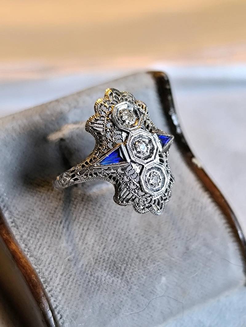 Traum 14K Schiffchen Ring Diamant & Saphir Jugendstil 1920 Verlobung 585 Weißgold Wg Cocktail Art Deco Traum 14K Schiffchen Ring Diamant & Saphir Jugendstil 1920 Verlobung 585 Weißgold Wg Cocktail Art Deco von fairytailjewelry