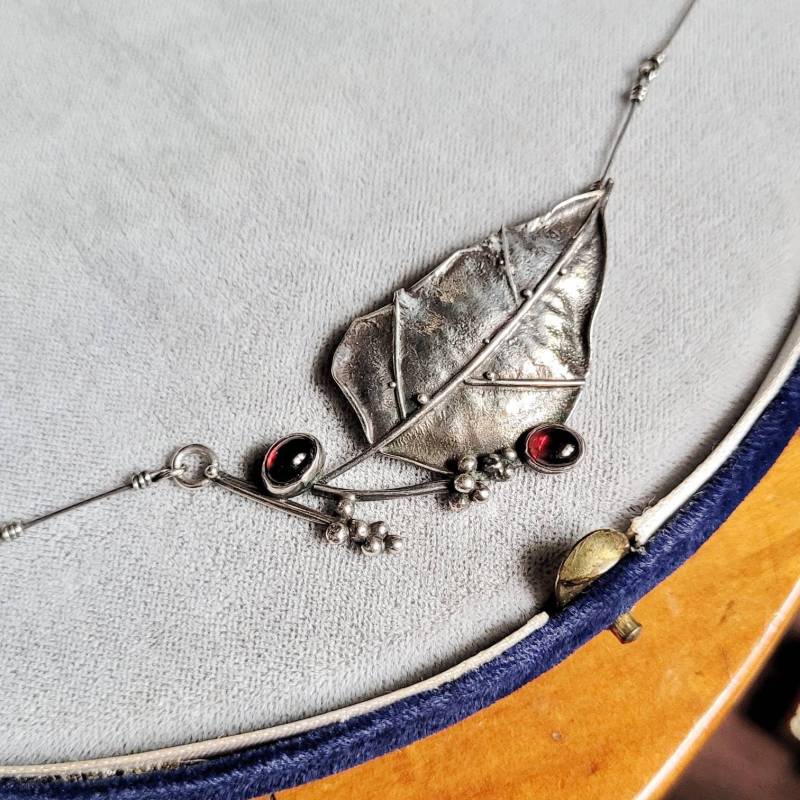 Unikat 925 Silber Ganat Blatt Collier Halskette Sterling Silver Gemstone Ethno Boho Esoterisch Natur Wicca Witch Gothic Design Nature von fairytailjewelry