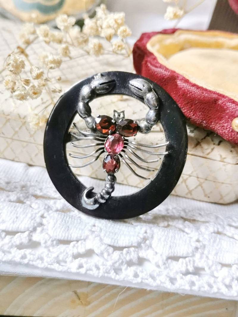 Unikat Skorpion Silber Brosche Horn & Rhodolit Granat 1950 Midcentury Nadel Silver Brooch Unikat Skorpion Silber Brosche Horn & Rhodolit Granat 1950 Midcentury Nadel Silver Brooch von fairytailjewelry