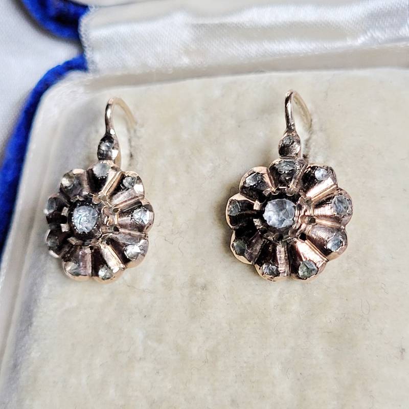 Viktorian Diamant Rosen 250 Gold Ohrringe Rotgold 14K Um 1830 Diamond Earring Viktorian Cottage Landhaus Design Biedermeier von fairytailjewelry
