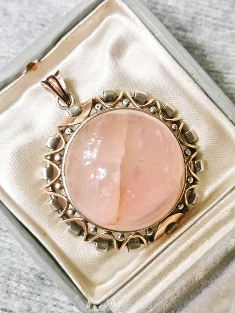 xxl Jugendstil Rosenquarz 835 Silber & Gold Ketten Anhänger Edelstein Art Deco von fairytailjewelry