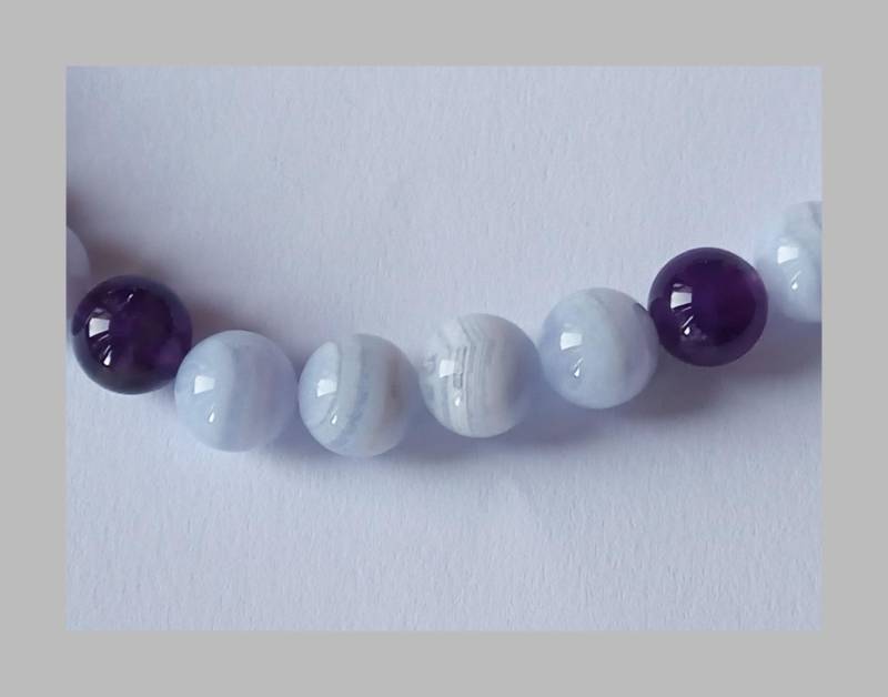 Chalcedon/Amethyst-Kette-Blau-Violett-48 cm-Kugelkette-Karabiner-Verschluss-925Er Silber-Vergoldet von fale925ohrringe