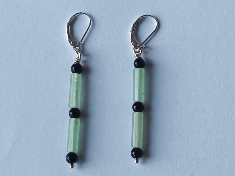 Aventurin/Onyx-Ohrringe-Grün/Schwarz-Brisuren-925Er Silber-Hängeohrringe von fale925ohrringe