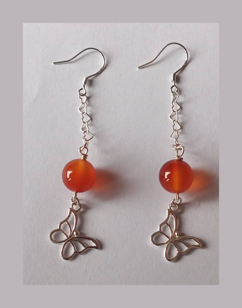 Karneol 10 Mm-Ohrringe - Rot-Mit Kette-Schmetterling-925Er Silber-Ohrhaken Karneol 10 Mm-Ohrringe - Rot-Mit Kette-Schmetterling-925Er Silber-Ohrhaken von fale925ohrringe