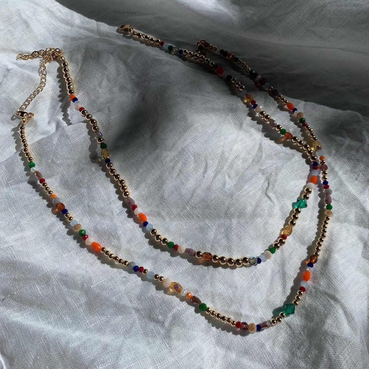 Handmade Necklace Made Of 18K Gold-Plated Pearls & Colorful Faceted Beads von falltosummer