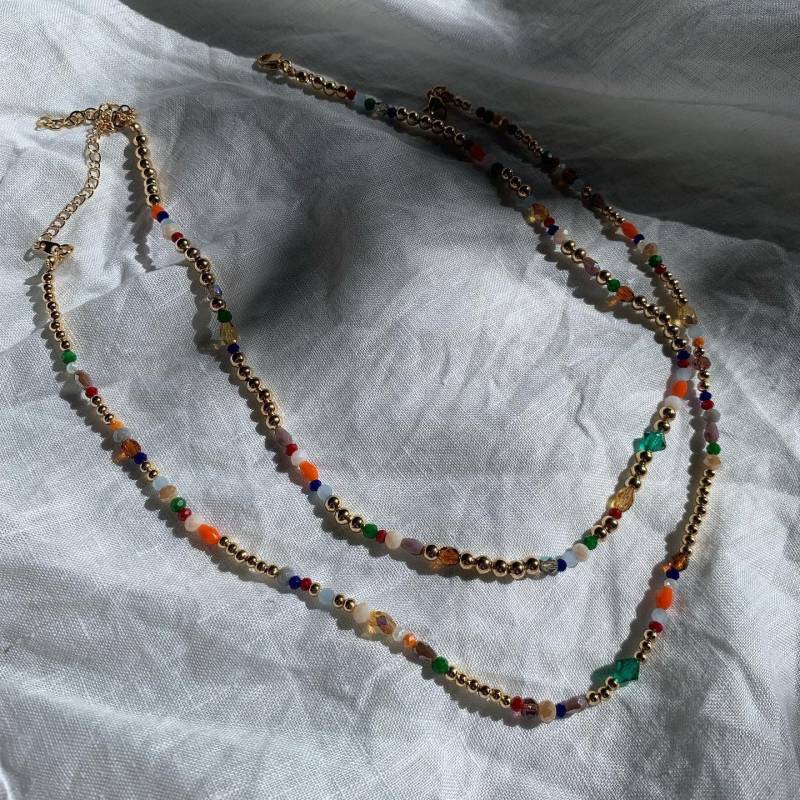 Handmade Necklace Made Of 18K Gold-Plated Pearls & Colorful Faceted Beads von falltosummer