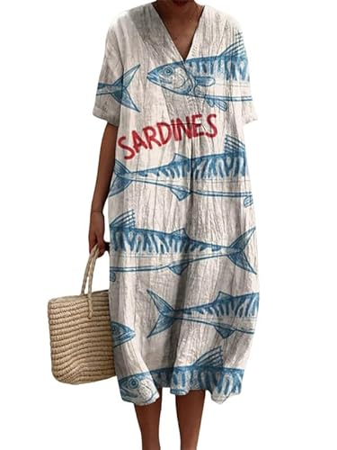 Damen Casual Midikleider Ocean Fish Print Kurzarmkleid mit V-Ausschnitt Lockeres T-Shirt Pullover Strandkleid von famesale