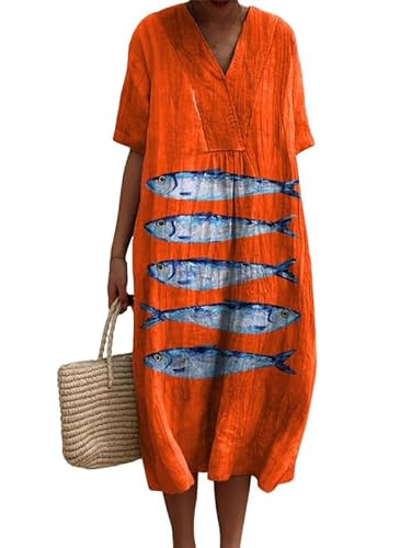 Damen Casual Midikleider Ocean Fish Print Kurzarmkleid mit V-Ausschnitt Lockeres T-Shirt Pullover Strandkleid von famesale