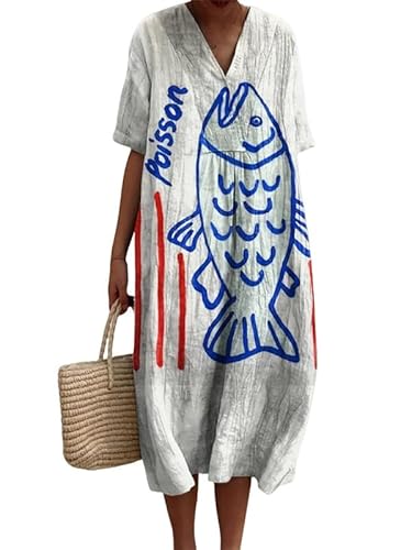 Damen Casual Midikleider Ocean Fish Print Kurzarmkleid mit V-Ausschnitt Lockeres T-Shirt Pullover Strandkleid von famesale