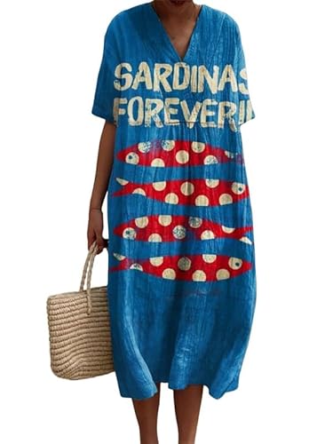 Damen Casual Midikleider Ocean Fish Print Kurzarmkleid mit V-Ausschnitt Lockeres T-Shirt Pullover Strandkleid von famesale