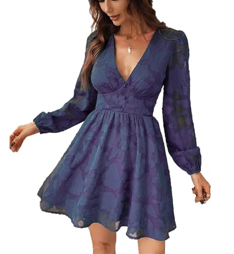 Damen Spitzen-Minikleid Langarm Blumendruck A-Linien-Kleid Party Bodycon Kleid Partykleid mit hoher Taille und tiefem V-Ausschnitt Partykleid von famesale