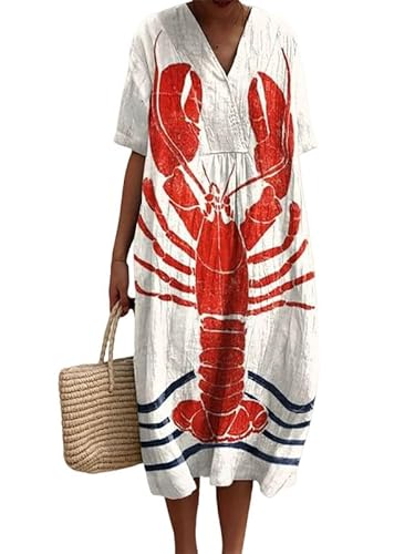 Damen V-Ausschnitt Boho Maxikleid Sommer Langusten Rot Hummer Print Kurzarm Kleid Locker Casual Strand Urlaub Langes Kleid von famesale
