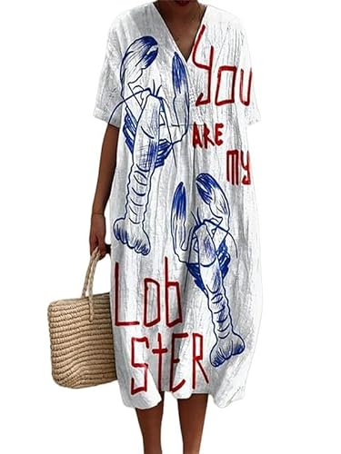 Damen V-Ausschnitt Boho Maxikleid Sommer Langusten Rot Hummer Print Kurzarm Kleid Locker Casual Strand Urlaub Langes Kleid von famesale
