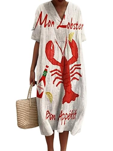 Damen V-Ausschnitt Boho Maxikleid Sommer Langusten Rot Hummer Print Kurzarm Kleid Locker Casual Strand Urlaub Langes Kleid von famesale