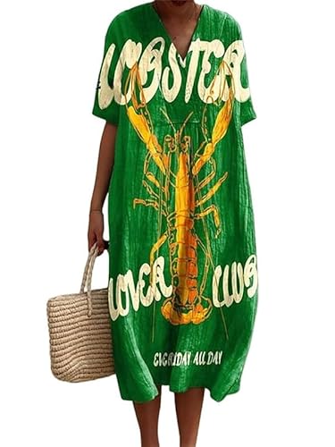 Damen V-Ausschnitt Boho Maxikleid Sommer Langusten Rot Hummer Print Kurzarm Kleid Locker Casual Strand Urlaub Langes Kleid von famesale