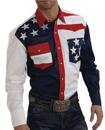 Herren American Flag Graphic Hemd Retro Western Style Langarm Hemden Button-Down Reverskragen Bluse Outdoor Straße Casual Shirt Top von famesale