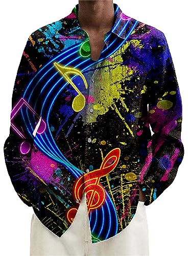 Herren Casual Revers Kragen Hemd Musik Noten Grafikdruck Button Down Bluse Regular Fit Hemden Bequeme Outdoor Straßenhemden von famesale