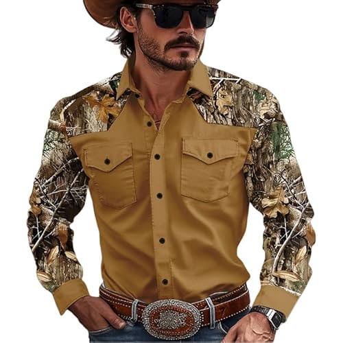 Herren Cowboy Westernhemd Retro Camouflage Western Style Langarm Hemden Button-Down Reverskragen Bluse Outdoor Straße Casual Shirt Top von famesale