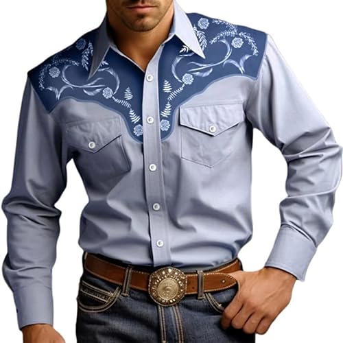 Herren Cowboy Westernhemd Retro Western Style Langarm Hemden Casual Button Down Reverskragen Bluse Outdoor Straße Casual Shirt Top von famesale