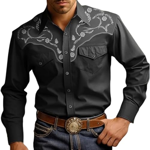 Herren Cowboy Westernhemd Retro Western Style Langarm Hemden Casual Button Down Reverskragen Bluse Outdoor Straße Casual Shirt Top von famesale