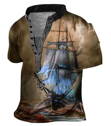 Herren Segelboot 3D gedruckt T Shirt Schiff Muster Stand Kragen Knopf Henley Shirts Vintage Distressed Motorrad Biker Pullover Tops von famesale