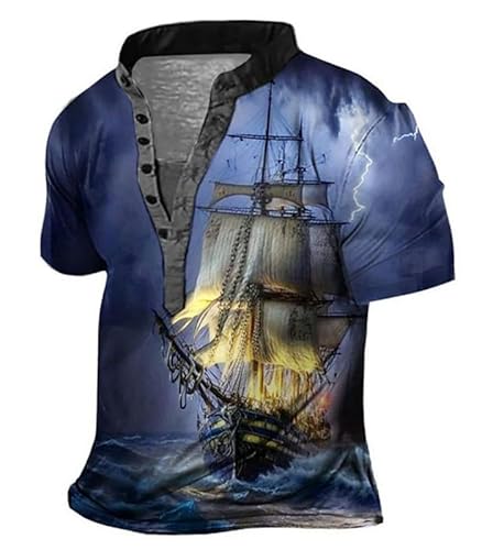 Herren Segelboot 3D gedruckt T Shirt Schiff Muster Stand Kragen Knopf Henley Shirts Vintage Distressed Motorrad Biker Pullover Tops von famesale