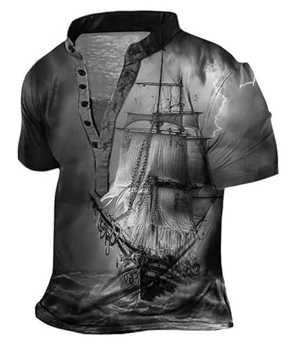 Herren Segelboot 3D gedruckt T Shirt Schiff Muster Stand Kragen Knopf Henley Shirts Vintage Distressed Motorrad Biker Pullover Tops von famesale