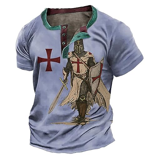 Herren Tempelritter bedrucktes T-Shirt Retro Kreuzritter Krieger Henley Hemden Kurzarm Button Down T-Shirts Vintage Distressed Tops von famesale