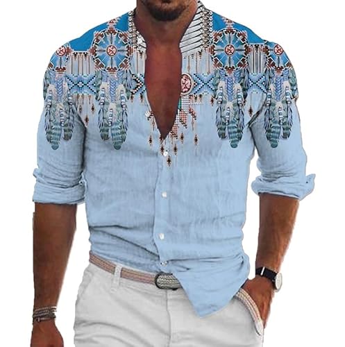 Retro-Hemd für Männer Indian Style 3D gedruckt Stand Kragen Lange Ärmel Hemden Mode Vintage Native Indian Muster Knopfbluse Hawaii Strand Top von famesale