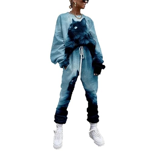 Trainingsanzug Zweiteiliges Set für Frauen Niedliche Katze 3D All Over Printed Pulllover und Jogger Set Casual Outfits Set von famesale