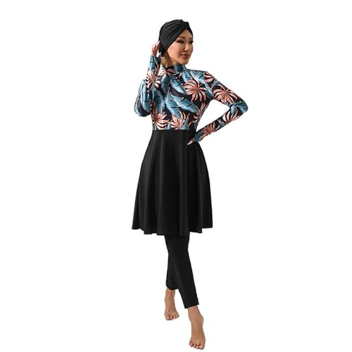 famesale 3PCS Bedruckte Muslim Burkini Bademode Modest Full Cover Langer Badeanzug Frauen Badekostüm mit Badekappe von famesale