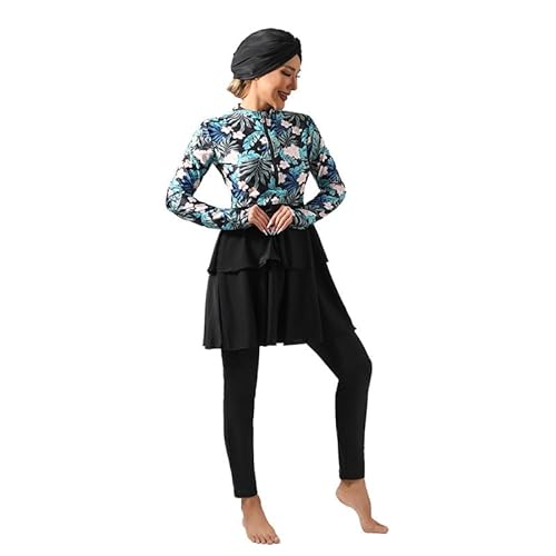 famesale 3PCS Bedruckte Muslim Burkini Bademode Modest Full Cover Langer Badeanzug Frauen Badekostüm mit Badekappe von famesale