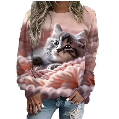 famesale Damen Rundhalsausschnitt Langarm Tops Schlafende Katze Druck Pullover 3D Niedliche Grafik Pullover Sweatshirt Lässige Lose Sportbekleidung Tops von famesale
