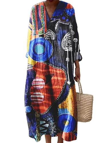 famesale Damen V-Ausschnitt Langes Strandkleid Bunte Blumenkunst Abstrakt Geometrisch Farbblockdruck Lose Midikleider für den Urlaub von famesale
