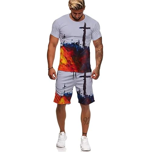 famesale Herren 3D gedruckt T-Shirt Anzug Mode Jesus Kreuz Grafik Rundhalsausschnitt Kurzarm Tops + Shorts 2 Stück Trainingsanzug Set von famesale