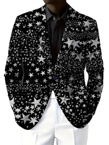 famesale Herren Casual Blazer Stern 3D-Gedruckter Anzug Revers Button-Up Anzug Leichter Sportmantel Frühling Herbst Strickjacke mit Tasche von famesale