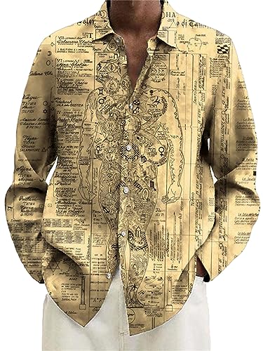 famesale Herren Ethno Stil Langarm Reverskragen Hemden Retro Bedruckte Hemden Knopf Down Outdoor Street Tops von famesale