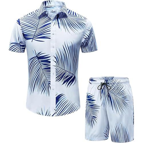 famesale Herren Hawaiian 2 Stück Outfits Sommer Kurzarm Hemd und Shorts Set Casual Urlaub Trainingsanzug von famesale
