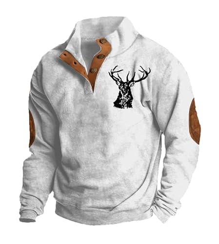 famesale Herren Jagd Hirsch Bedruckte Henley Hemden 1/4 Knopfleiste Langarm Pullover Sweatshirts Vintage Stand Kragen Oberteile von famesale